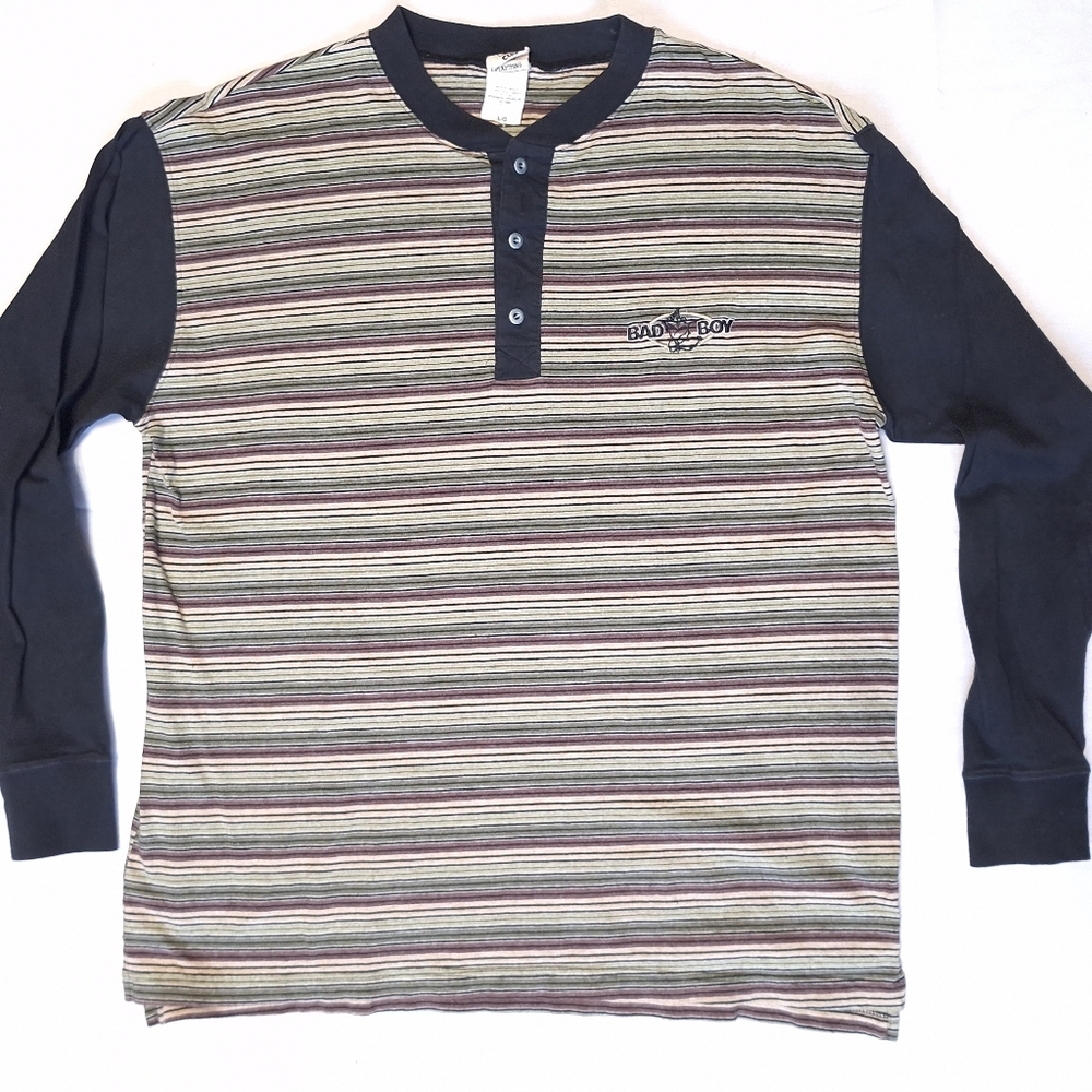 BAD BOY CLUB Vintage 90s Embroidered Striped Long Sleeve Shirt Mens, Large
